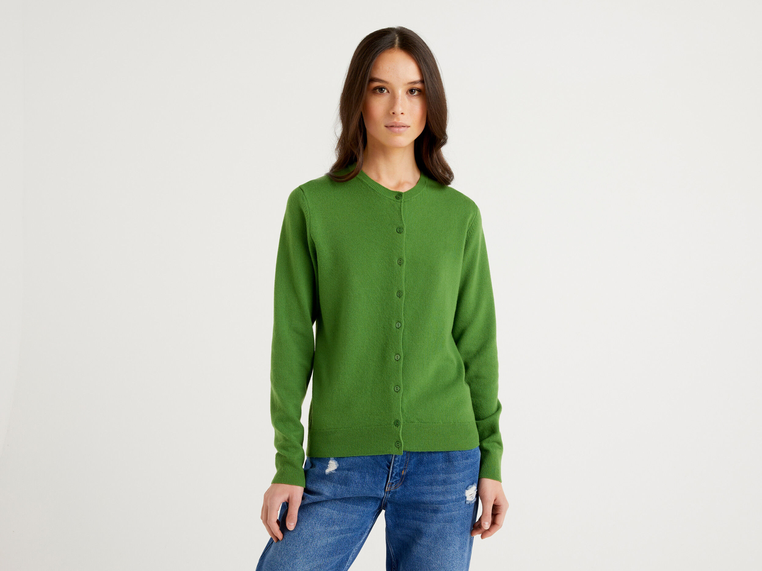 Green crew neck cardigan in pure Merino