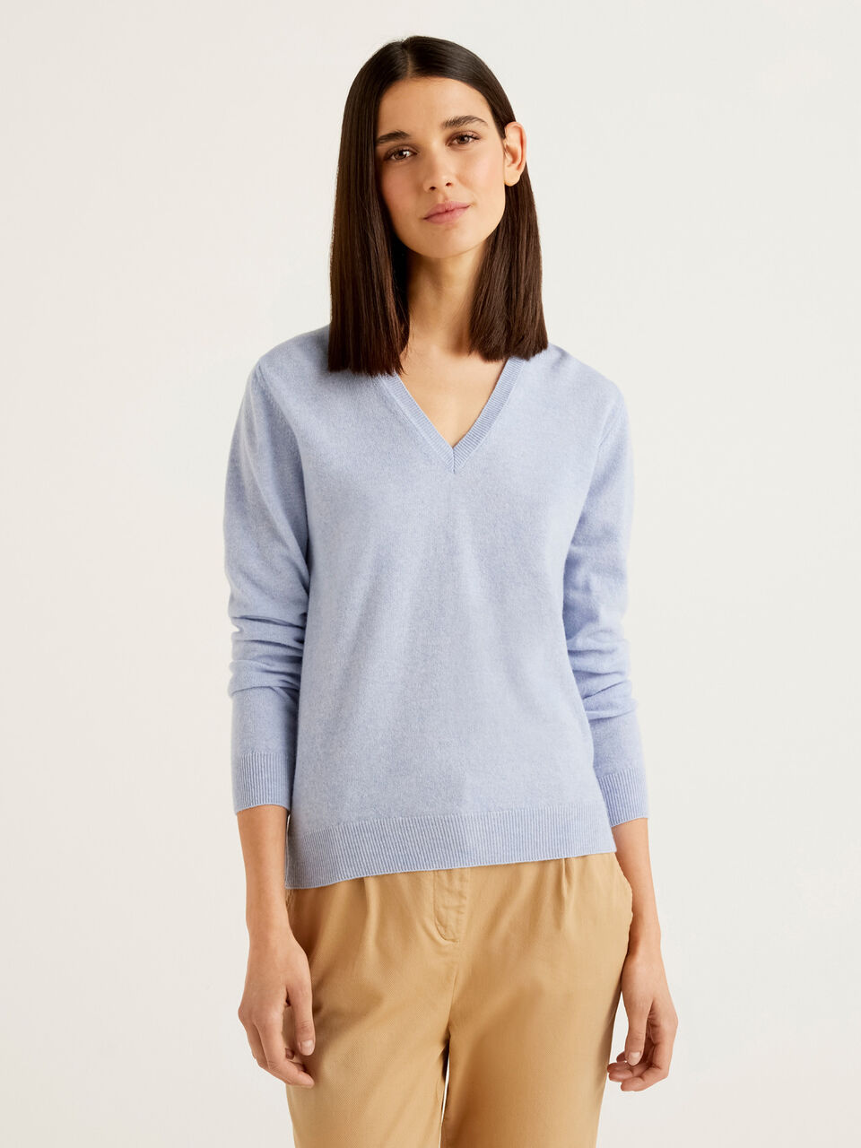 Sky Blue V Neck Sweater In Pure Virgin Wool