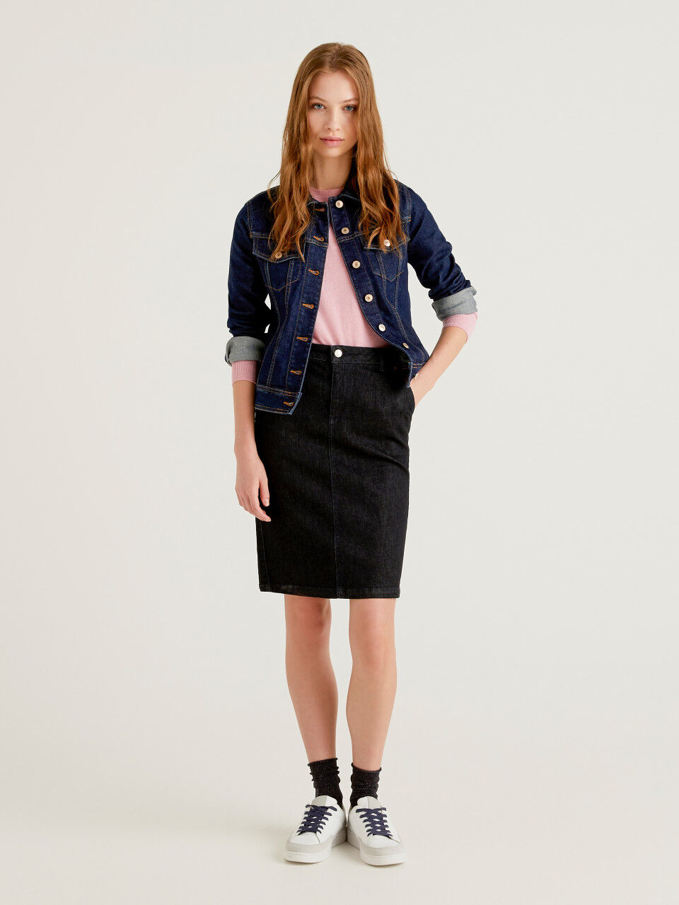 red jersey knit pencil skirt