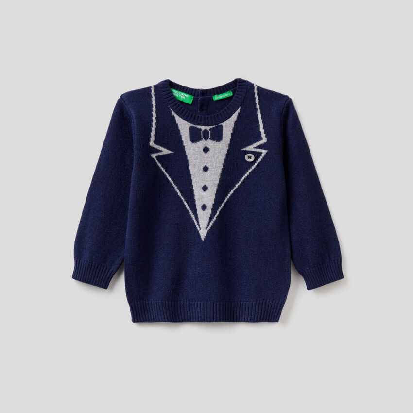 Wool blend sweater with bow tie inlay