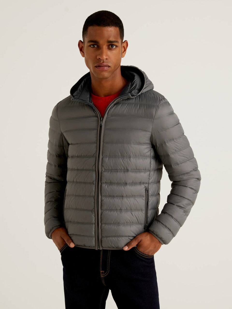 Mens light puffer jacket with hood