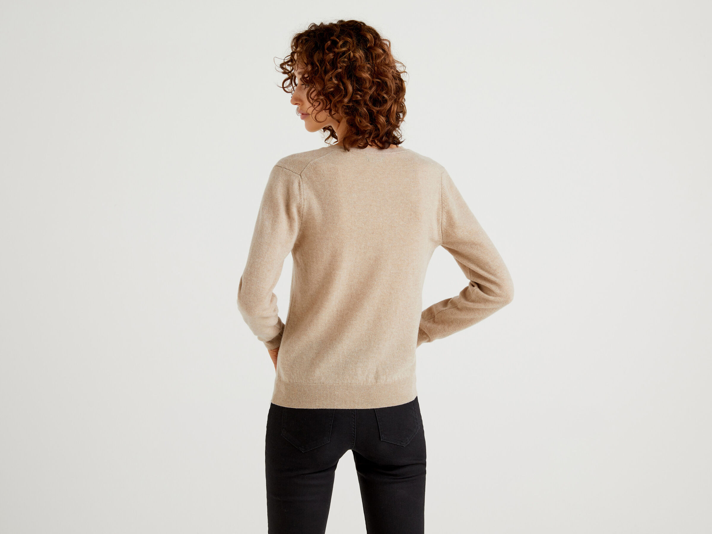 Beige V Neck Sweater In Pure Merino Wool