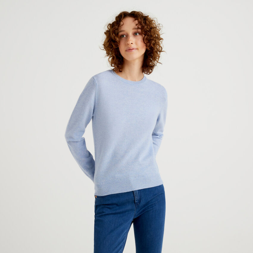 Sky blue crew neck sweater in pure Merino wool